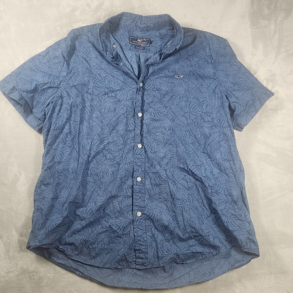 Vineyard Vines Whale Shirt Mens XL Blue Palm Button Front Short Sleeve Preppy